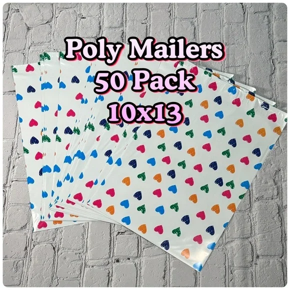 Poly Mailers 50 Pack 10x13 Colorful Hearts Design Pink Blue Orange Green - Picture 1 of 7